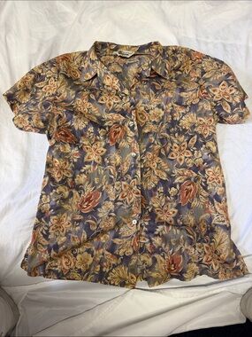 Tori Richard Floral Camp Shirt - Blue, Cream & Rust Accents.  Size Large